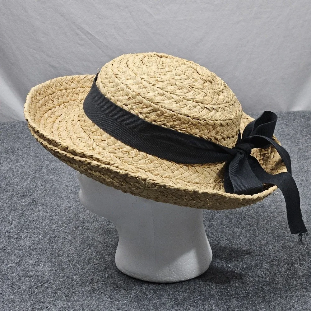 Vintage Helen Kaminski Straw Boater Hat Womens Tan Black Ribbon Raffia Boho 90s